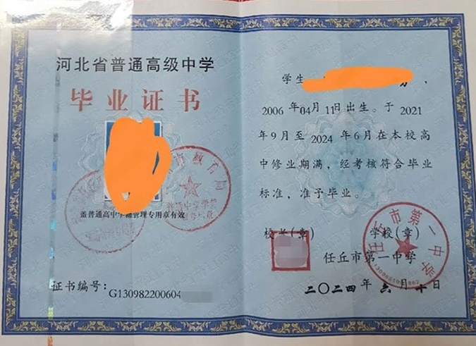 石嘴山任丘市第一中学高中毕业证样本图片